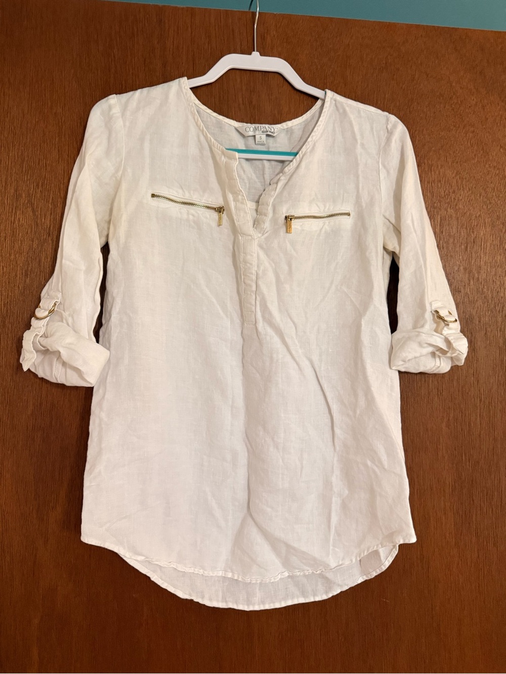 Ellen Tracy Cream Linen Roll-Sleeve Tunic with Gold Zips
